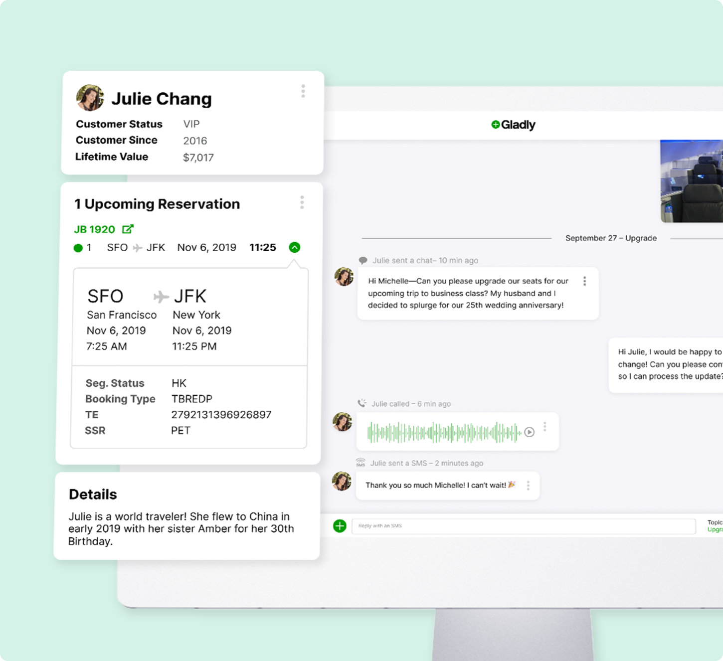 User profile of Julie Chang shows VIP status and a $7,017 lifetime value. Includes an upcoming flight from SFO to JFK. Chat requests business class upgrade.