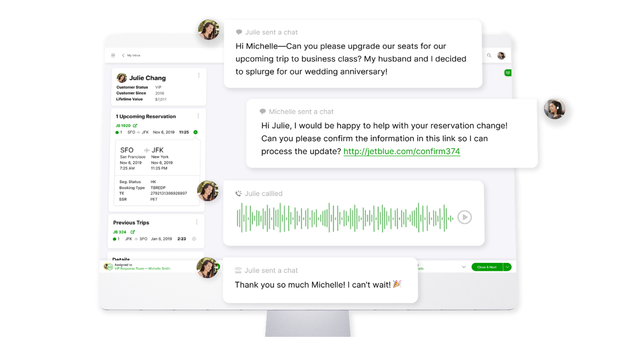 A digital interface shows a conversation between a customer and an agent about upgrading to business class for a wedding anniversary trip. The screen displays travel details, chat messages discussing the upgrade, and a voice call waveform. The tone is helpful and enthusiastic.