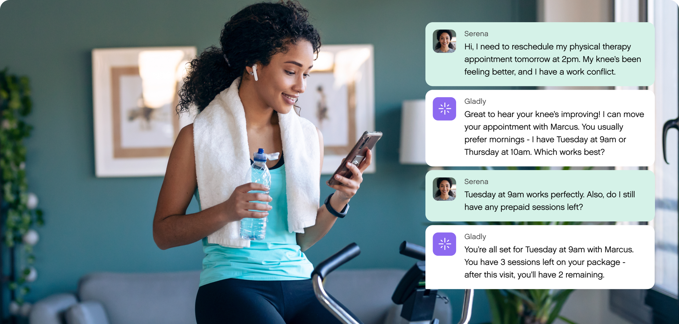 A woman on an exercise bike holds a phone, earbuds in, smiling. A towel is draped over her shoulder. Chat messages about pausing her gym membership are visible.
