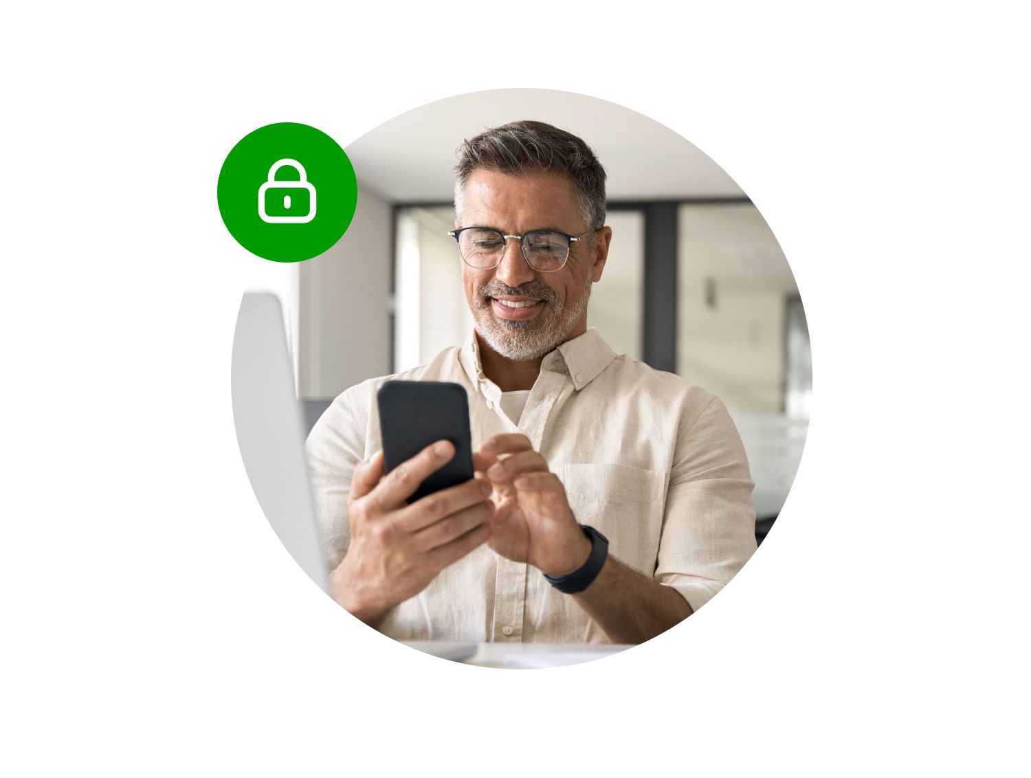 Image of a man on his phone with a lock icon over it showing security