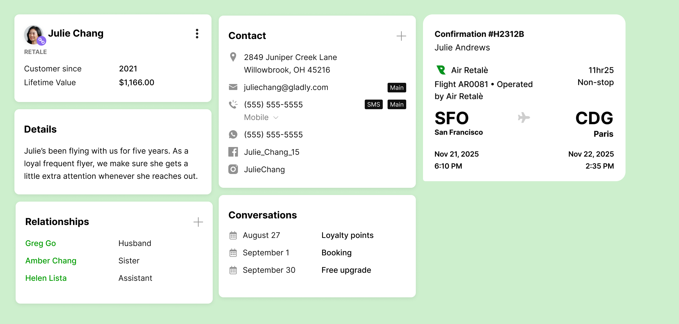 Customer profile on a green background showing details for Julie Chang, including contact info, travel details, relationships, and conversations.
