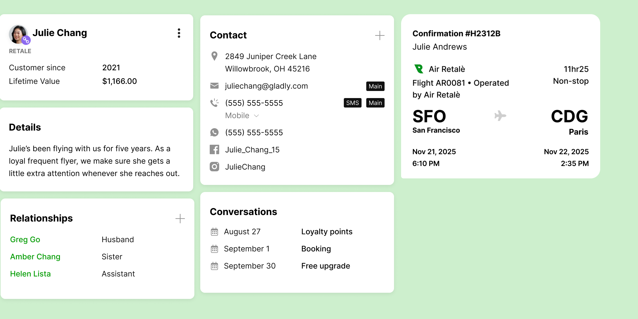 Customer profile on a green background showing details for Julie Chang, including contact info, travel details, relationships, and conversations.