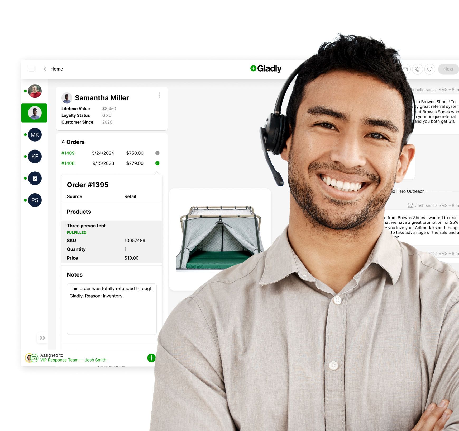 Support agent imposed over a Gladly product shot