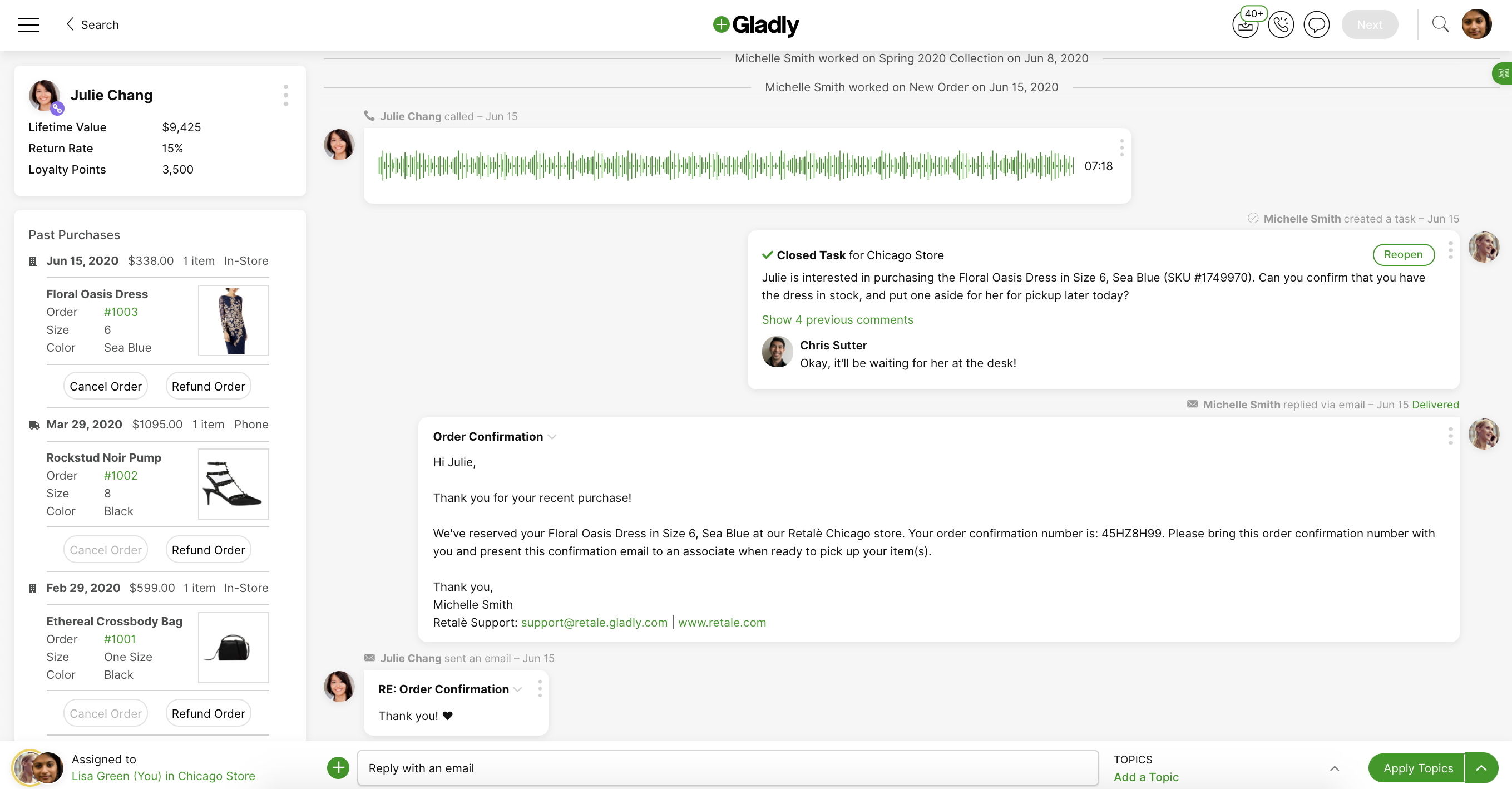 A customer service chat interface for Julie Chang includes purchase history, order details, and communication logs about a Floral Oasis Dress in Sea Blue.