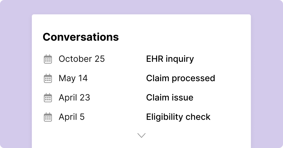Conversations list on a white card with a purple background. Dates with icons: Oct 25, May 14, Apr 23, Apr 5. Topics: EHR inquiry, claim processed, claim issue, eligibility check.