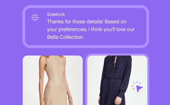 AI message on purple background suggests Bella Collection based on preferences. Below, two dresses are displayed: a sleeveless beige and a long-sleeved dark dress.
