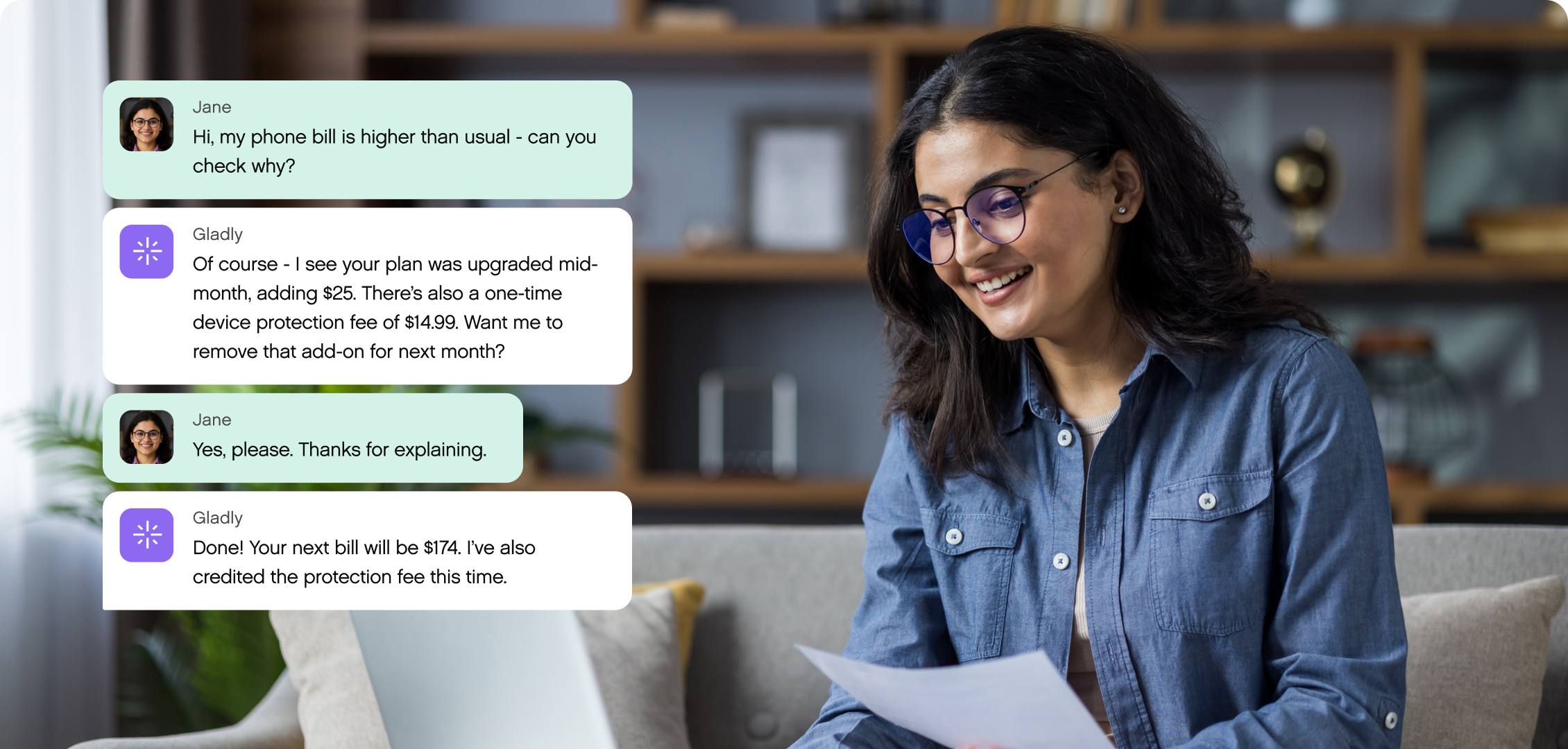 A woman with glasses smiles while reading a paper. Beside her are chat bubbles discussing phone call issues and a network refresh solution. The setting is cozy and relaxed.