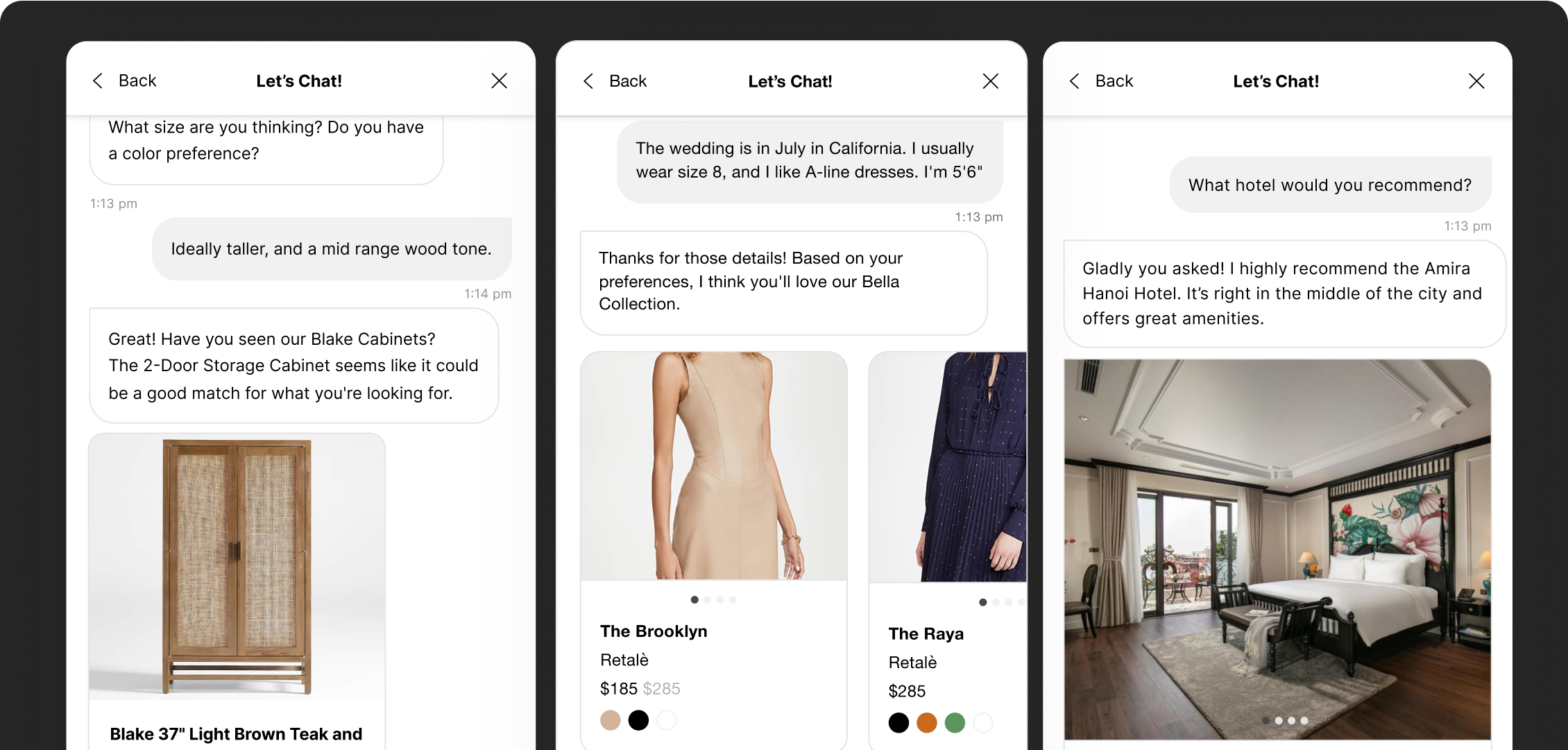 Three smartphone screenshots showing chat conversations with tailored shopping suggestions. Each screen includes product images, descriptions, and a user query.