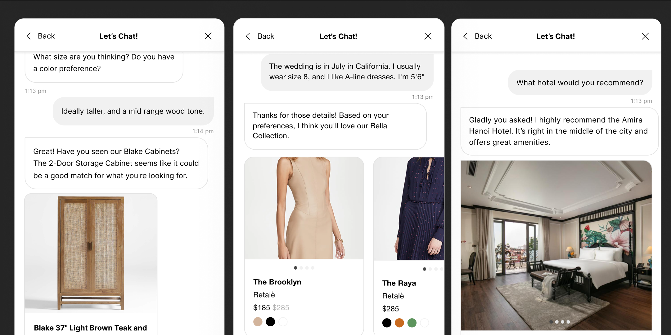 Three smartphone screenshots showing chat conversations with tailored shopping suggestions. Each screen includes product images, descriptions, and a user query.