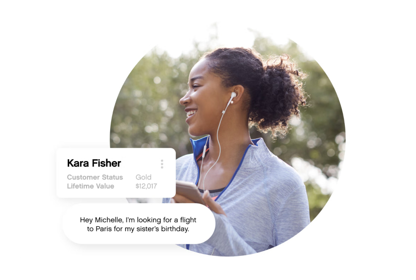 A woman with earbuds smiles while holding her phone outdoors. Text bubble: "Looking for a flight to Paris for sister's birthday." Customer status: Gold.