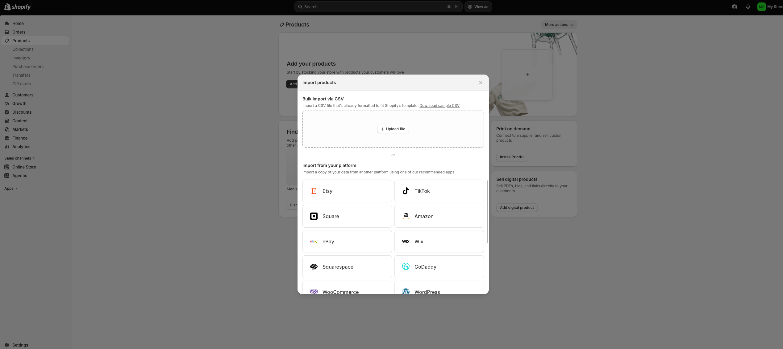 Shopify's Import products modal showing bulk CSV upload and import-from-platform options including WooCommerce