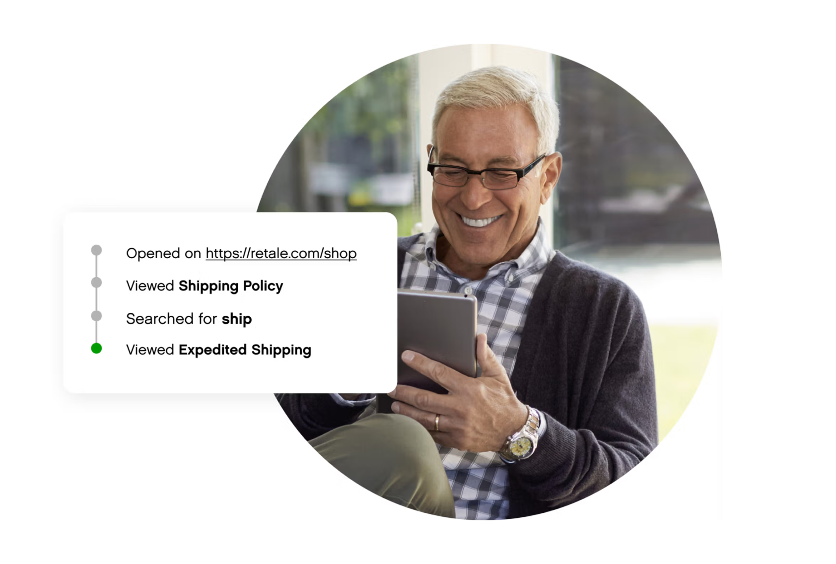 Elderly man smiling while using a tablet indoors. A small overlay shows website navigation: viewed shipping policy and expedited shipping.