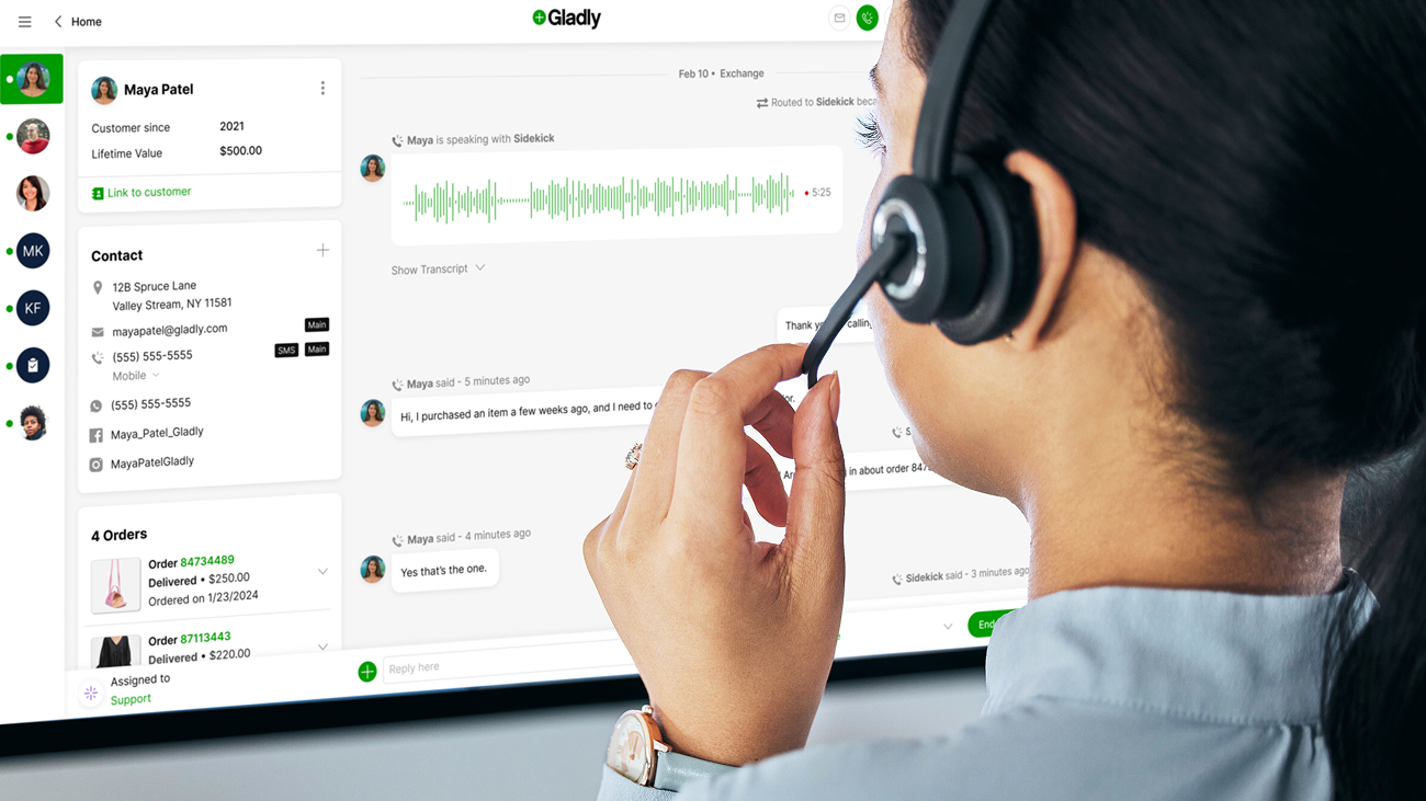 A customer service agent with a headset interacts with a screen showing a chat interface. It displays contact details, order information, and recent messages.