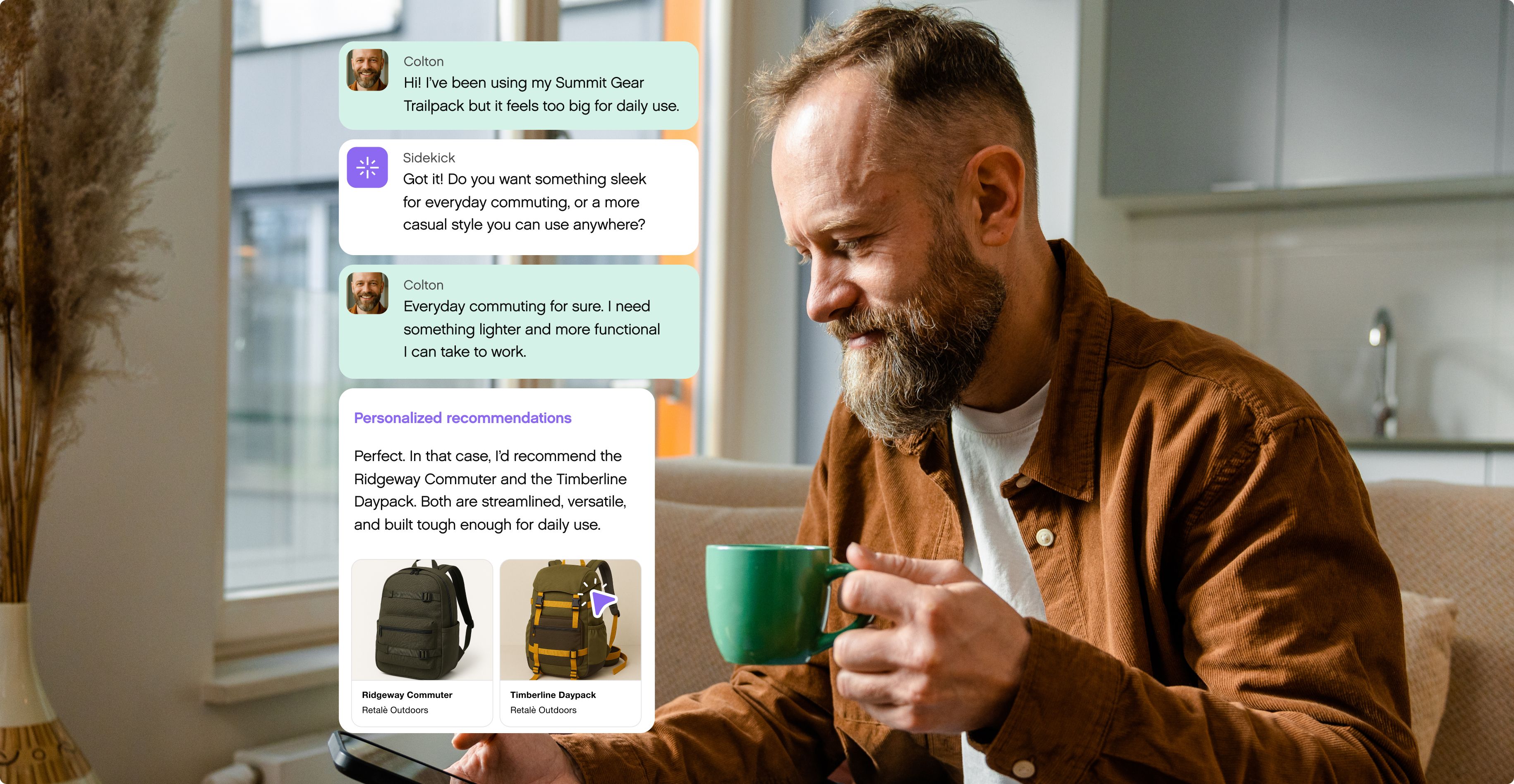 A bearded man in a cozy room holds a green mug while looking at a smartphone. Onscreen text bubbles show a conversation about finding a suitable backpack, with product images and recommendations. The scene conveys a warm, casual tone.