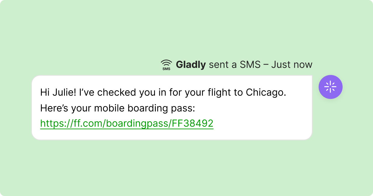 SMS notification on a green background from Gladly, confirming check-in for a flight to Chicago with a link to a mobile boarding pass.