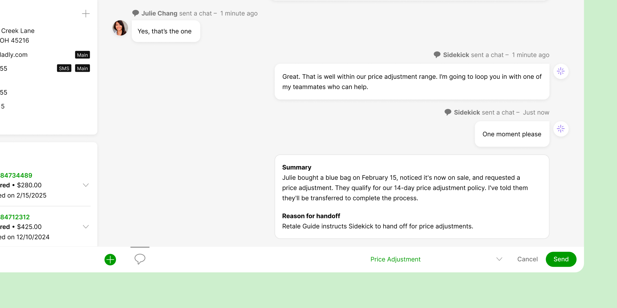 Chat interface showing a conversation between Julie Chang and Sidekick about a price adjustment. Details mention a blue bag bought on February 15, now on sale. Sidekick confirms eligibility and plans to involve a teammate. Below the chat, order details and a summary of actions for a handoff are visible. The tone is helpful and informative.