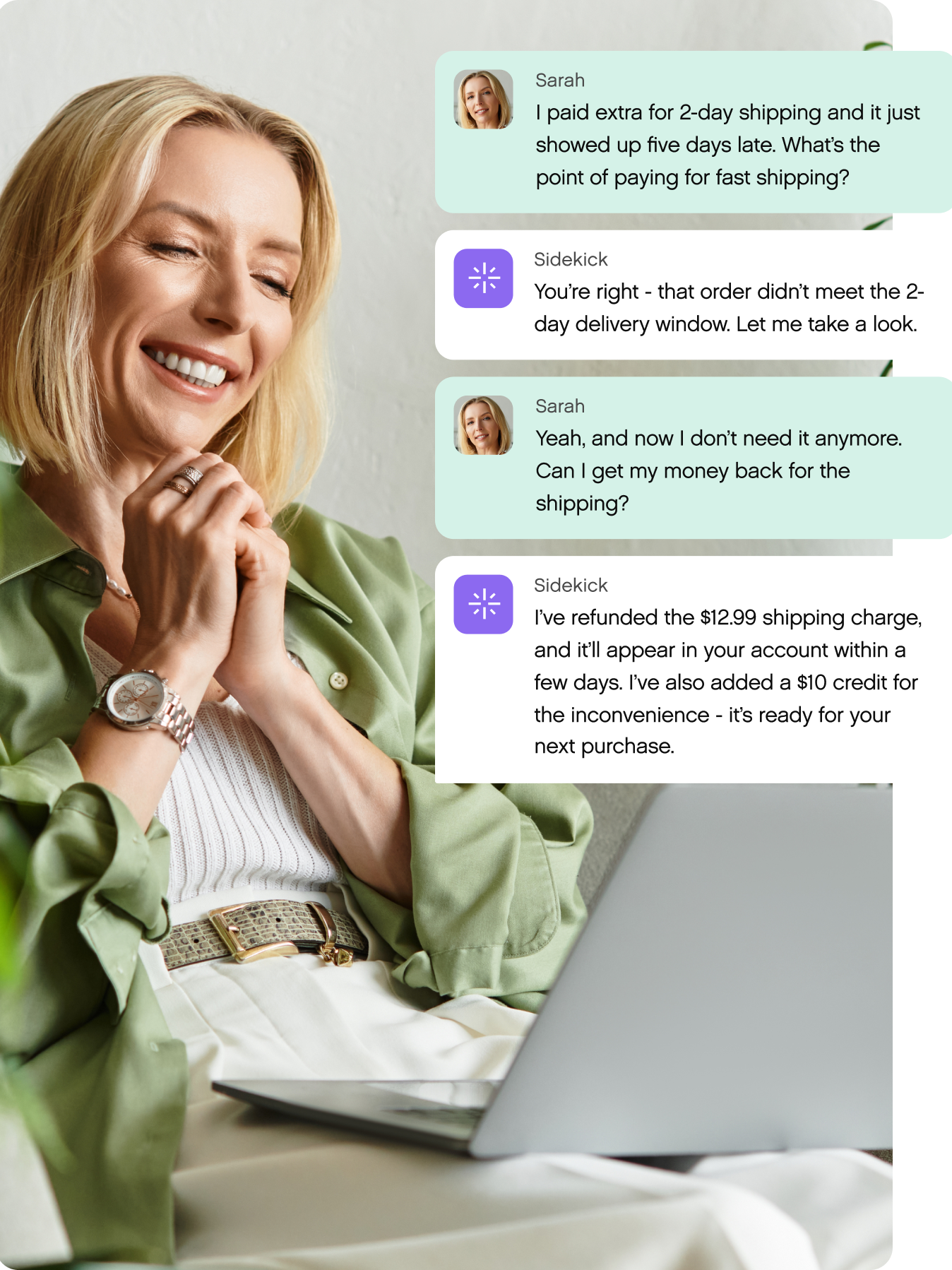 A woman in a blue shirt unpacks a white mug from a cardboard box filled with crumpled paper. She looks content, sitting on a beige sofa.