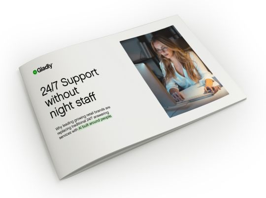 A brochure cover with "24/7 Support without night staff" text alongside a photo of a woman working at a laptop in a dimly lit room, emitting a focused tone.