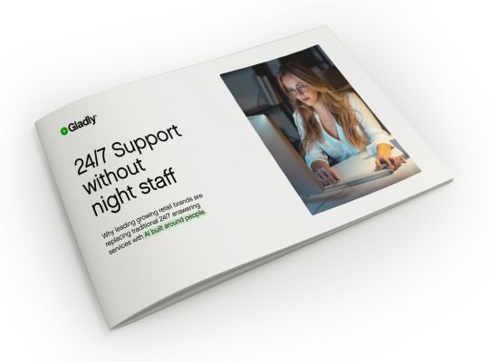 A brochure cover with "24/7 Support without night staff" text alongside a photo of a woman working at a laptop in a dimly lit room, emitting a focused tone.