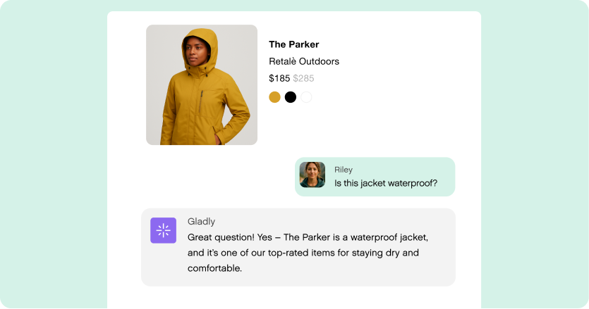 Product page showing a person wearing a yellow jacket titled 'The Parker' priced at $185, with color options. A user asks if it's waterproof, and a response confirms it is, highlighting its quality.
