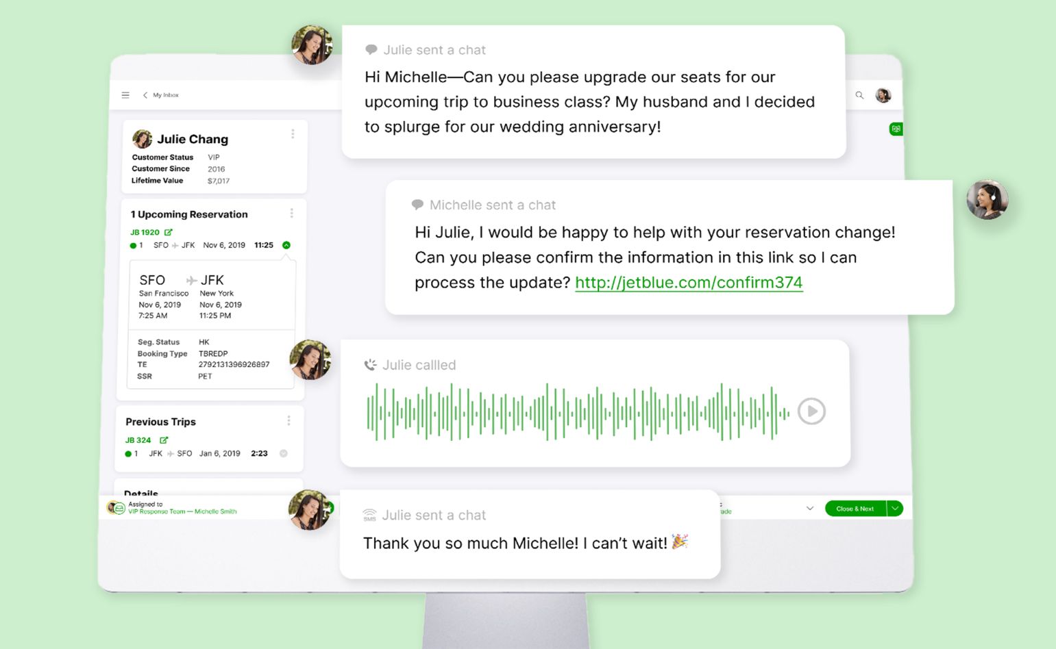 A computer screen displays a chat between a customer, Julie Chang, and a service agent, Michelle. The chat discusses upgrading a flight seat for a wedding anniversary. Julie expresses excitement, and a green voice waveform is visible. The interface shows flight details and previous trips, reflecting a customer service system. Emotions conveyed are informative and positive.