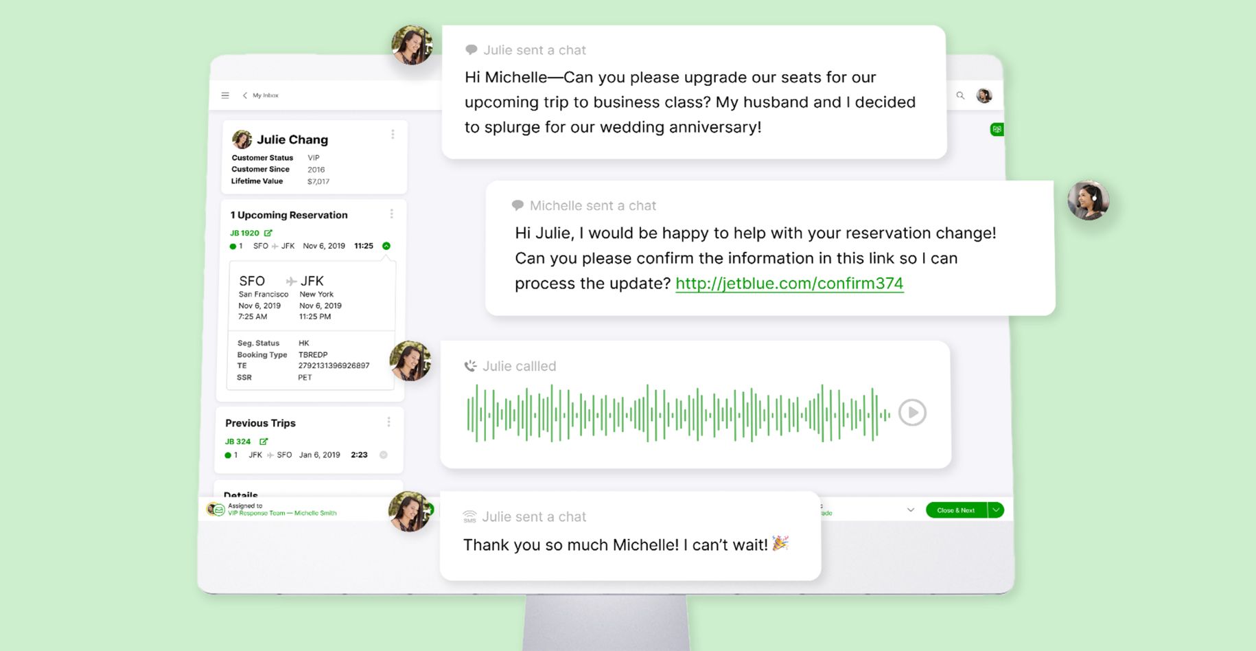 A computer screen displays a chat between a customer, Julie Chang, and a service agent, Michelle. The chat discusses upgrading a flight seat for a wedding anniversary. Julie expresses excitement, and a green voice waveform is visible. The interface shows flight details and previous trips, reflecting a customer service system. Emotions conveyed are informative and positive.