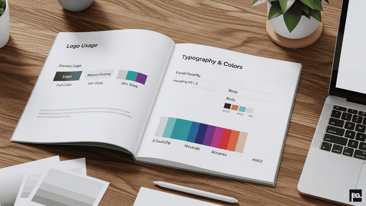 Brand guidelines document explaining logo colors fonts and design usage rules