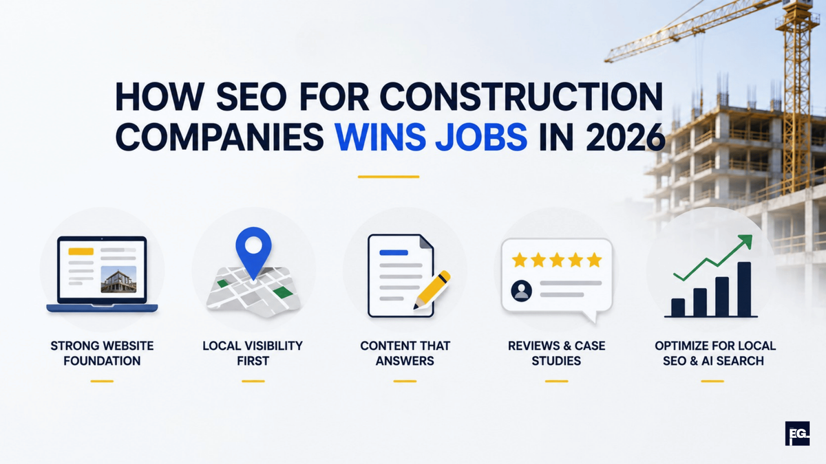 SEO for construction companies infographic showing local SEO reviews content and Google Maps optimization