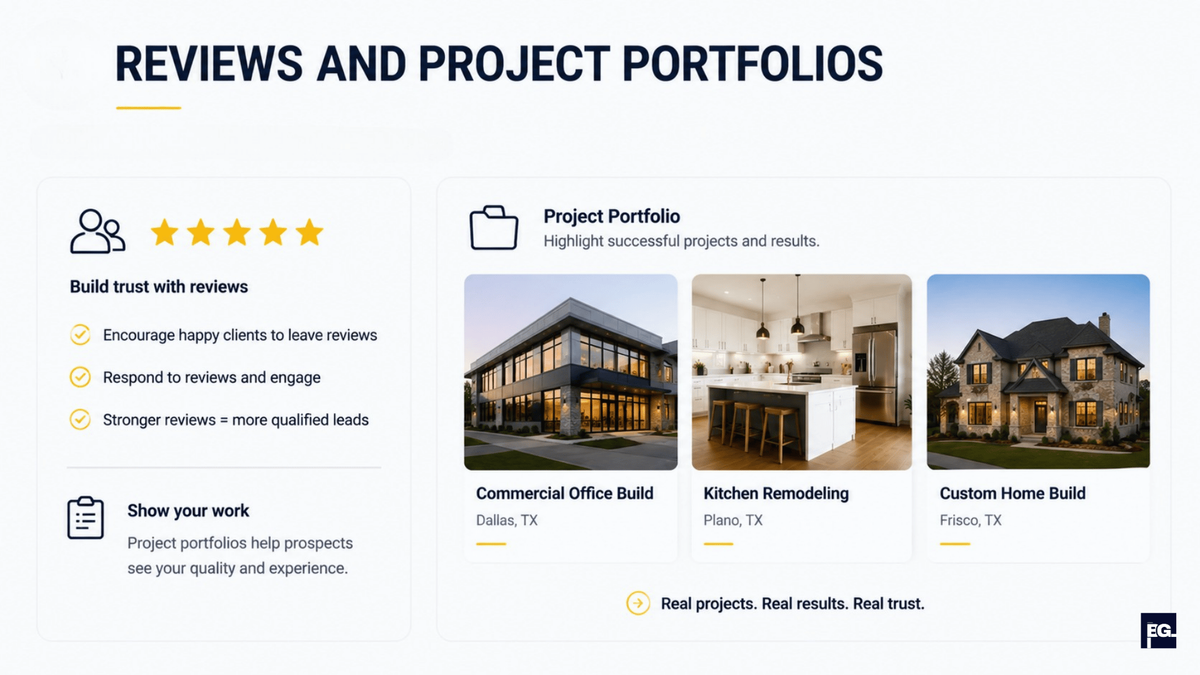 Construction company project portfolio and customer reviews improving local SEO trust