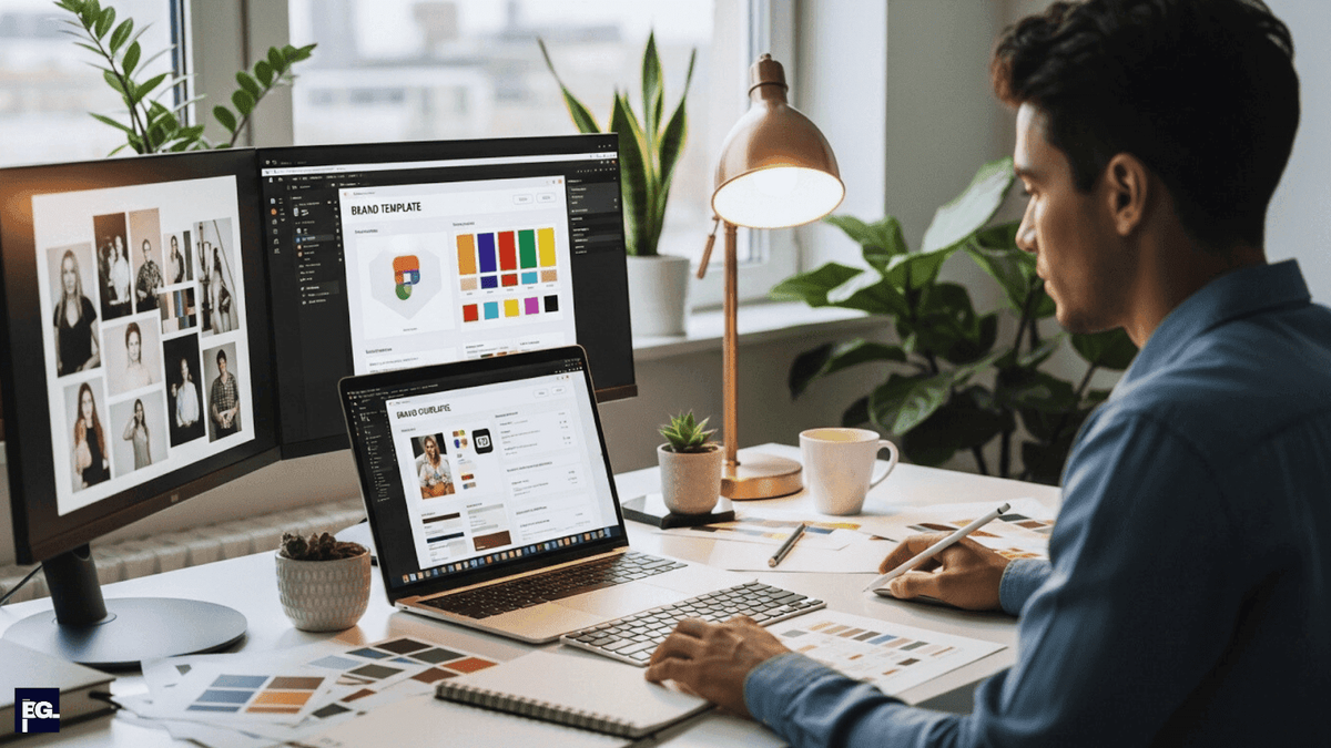 Designer creating a brand guidelines template with logo colors fonts and brand assets