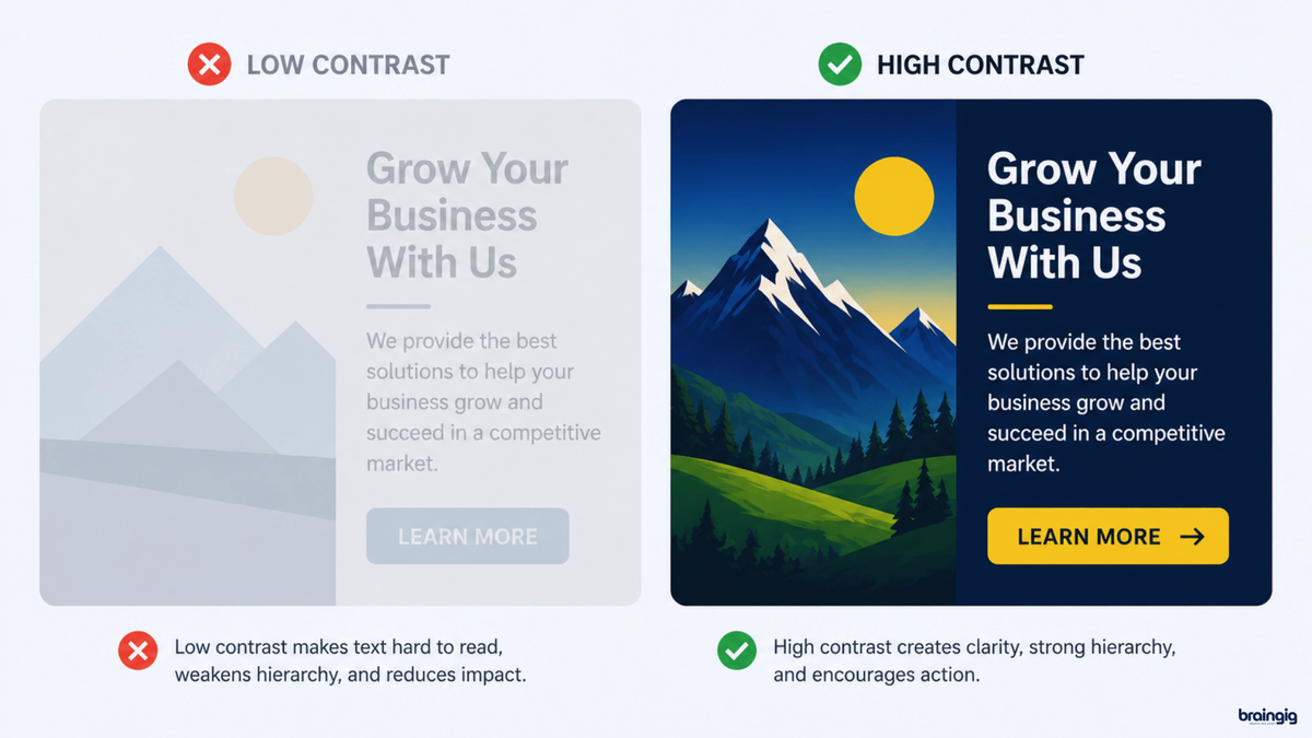 What Are the 10 Graphic Design Best Practices to Follow in 2026? 4 Contrast design principles highlighting important elements in graphic design