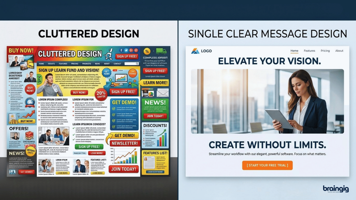 What Are the 10 Graphic Design Best Practices to Follow in 2026? 2 Graphic designing example showing clear message vs cluttered design layout