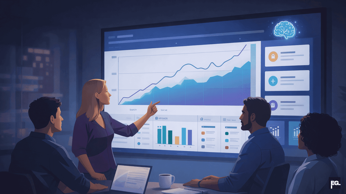 Marketing team using AI tools to improve digital marketing strategy and campaign performance