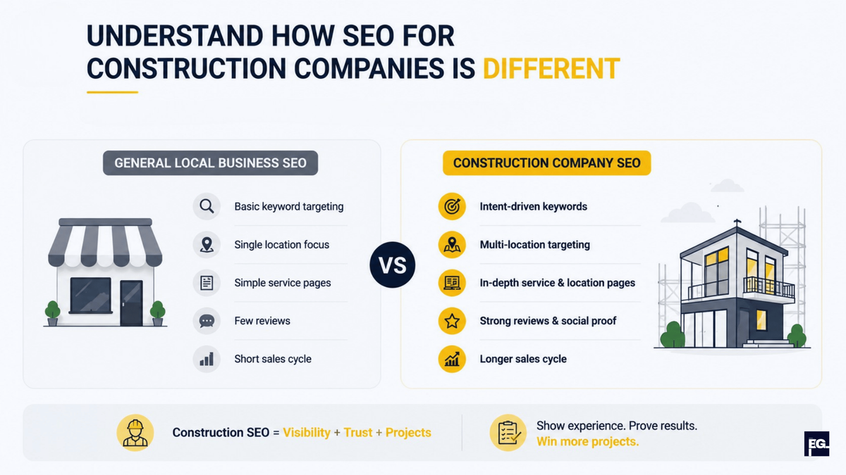 Comparison between SEO for construction companies and general local SEO strategies