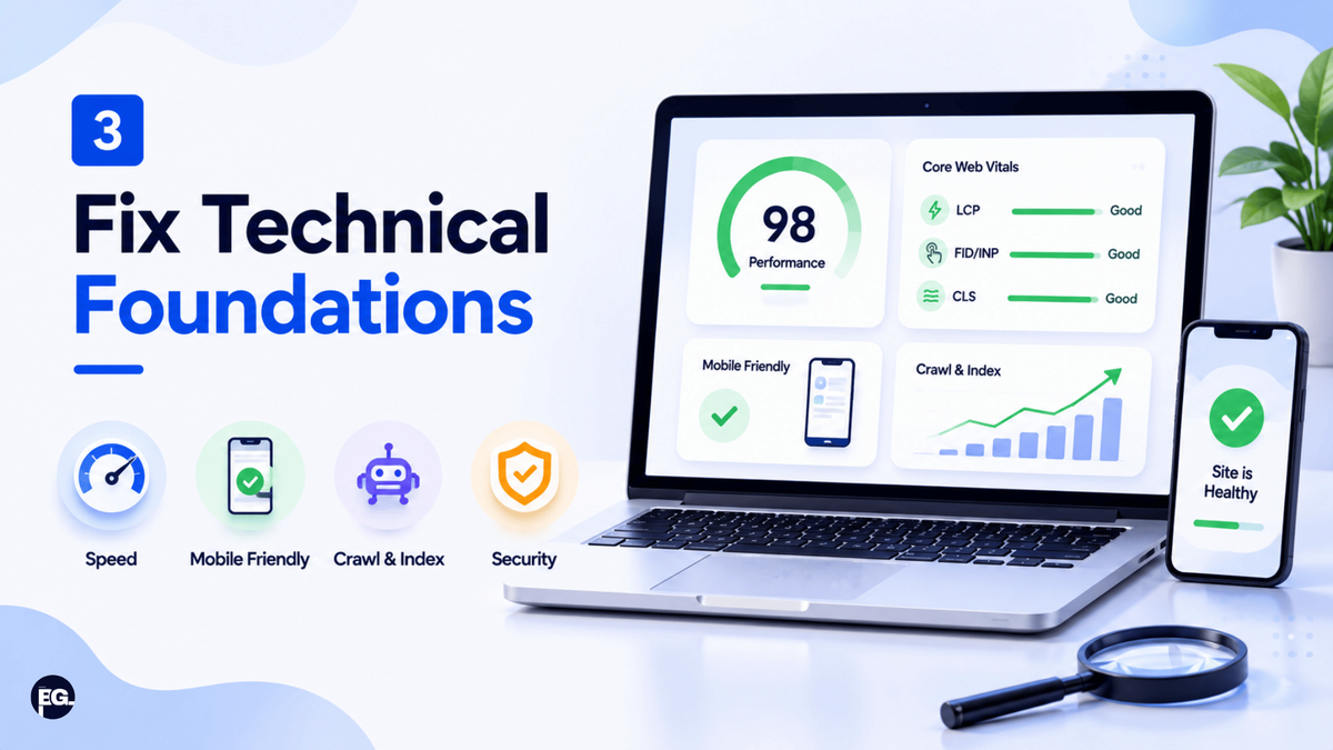 Technical SEO dashboard showing performance metrics for ranking higher on Google