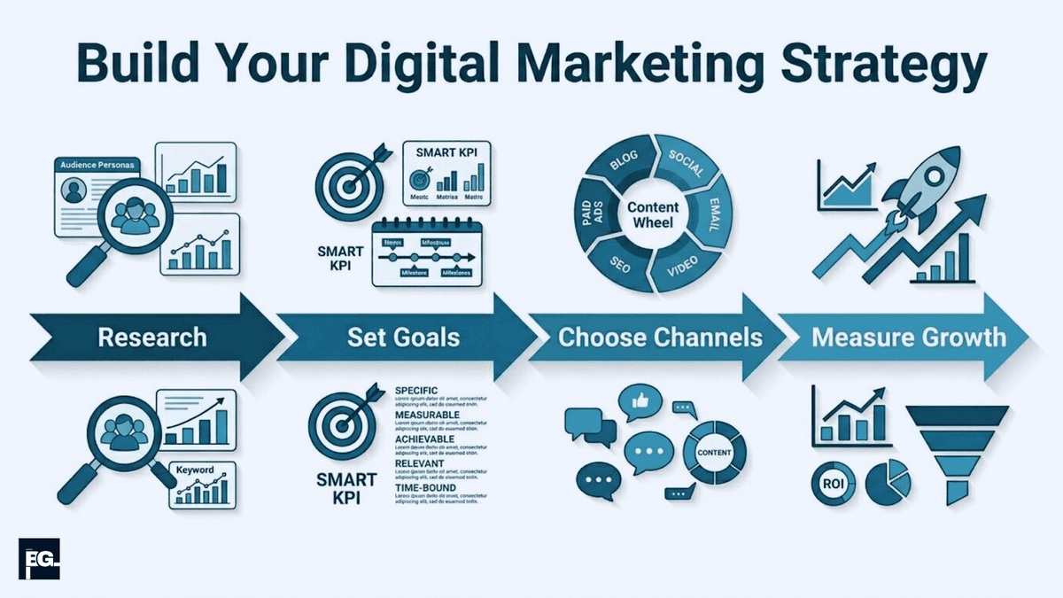 Overview infographic explaining the key components of a digital marketing strategy