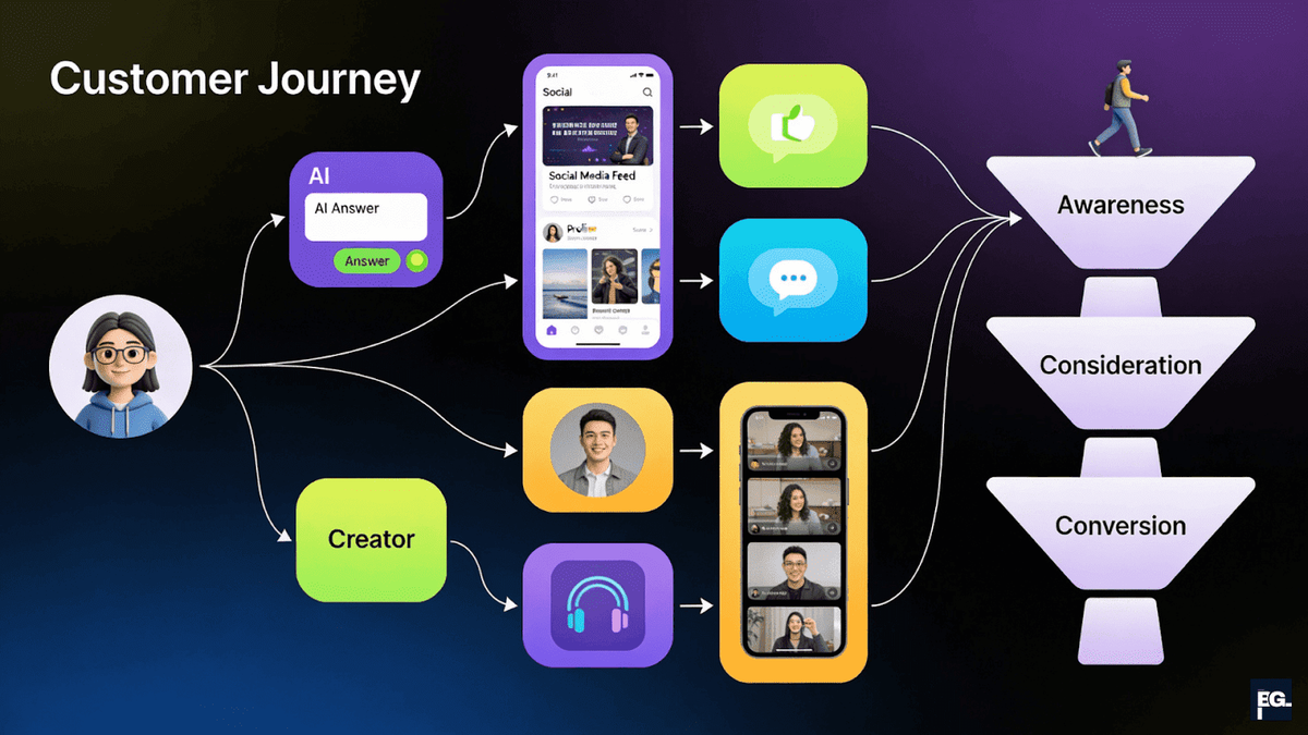 modern digital marketing ecosystem driven by AI search and social discovery.