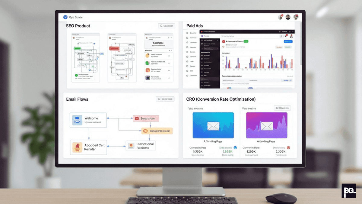 Digital marketing strategy for ecommerce showing SEO ads email and conversion optimization
