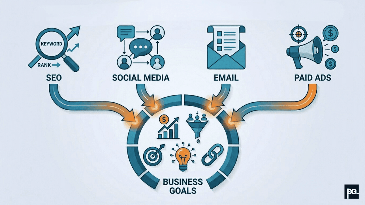 Diagram explaining what a digital marketing strategy is and how marketing channels connect to business goals