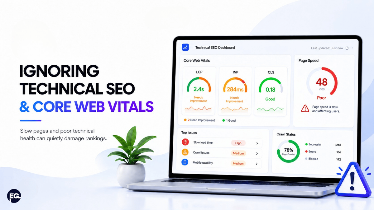 Technical SEO dashboard showing core web vitals and website performance metrics