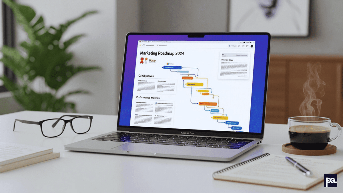 Image idea Marketing strategy document or roadmap on a laptop.