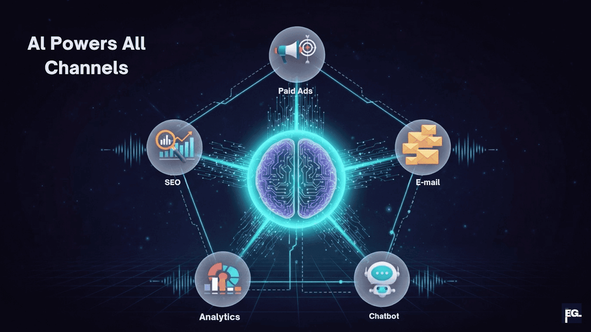 Concept illustration explaining what AI in digital marketing means across SEO ads analytics and automation