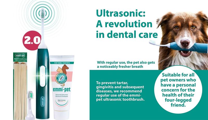 a product shot of the emmi-pet ultrasonic dental care toothbrush for dogs