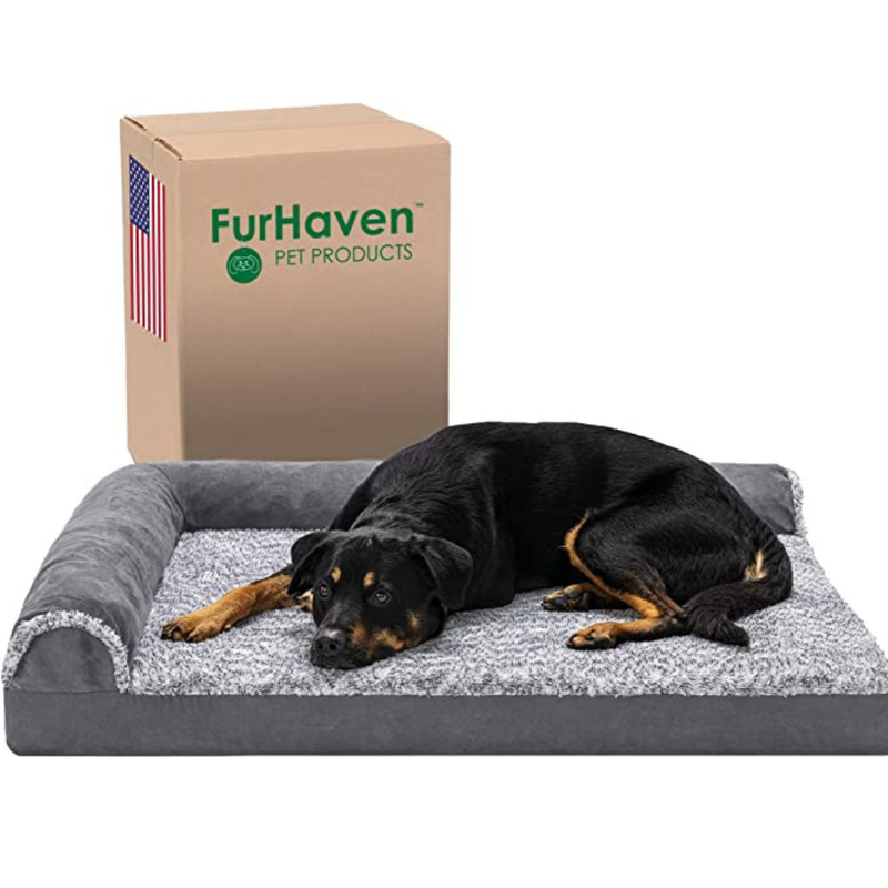 Furhaven XL Orthopedic Dog Bed Two-Tone Faux Fur & Suede L Shaped Chaise w/Removable Washable Cover - Stone Gray, Jumbo (X-Large)