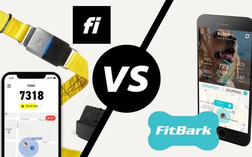 Fi smart dog collar vs Fitbark digital dog monitor next to each other