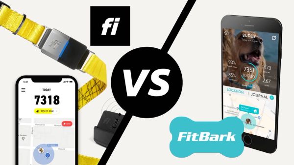 Fi smart dog collar vs Fitbark digital dog monitor next to each other
