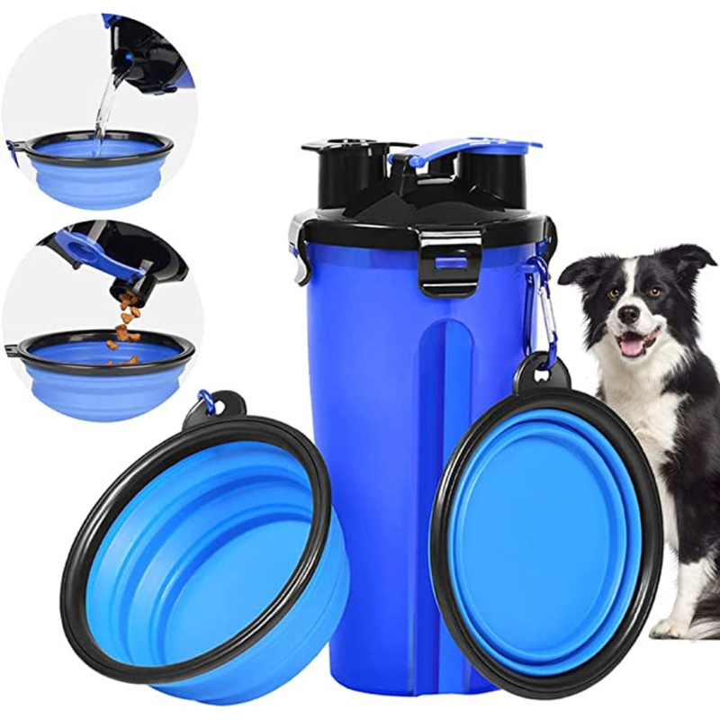 NeoStyle Dog Travel Water Food Bottle Bowl, 2 in 1 Portable Dog Water Bowl with 2 Collapsible Silicone Dog Bowls, Outdoor Travel Walking Camping Hiking Dog Water Bowl (blue)