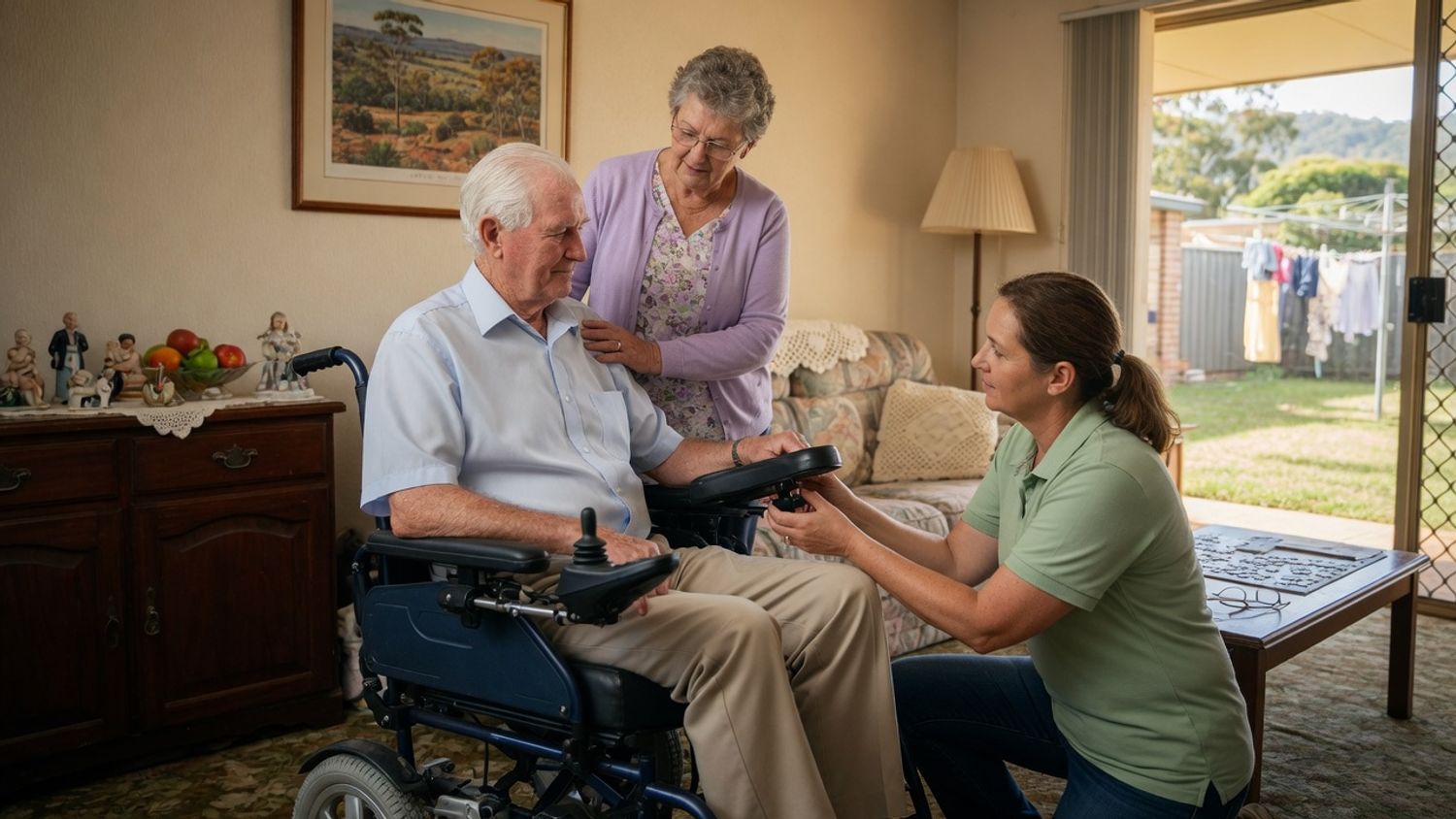 An occupational therapist adjusting a powered wheelchair for an older man living with motor neurone disease at home