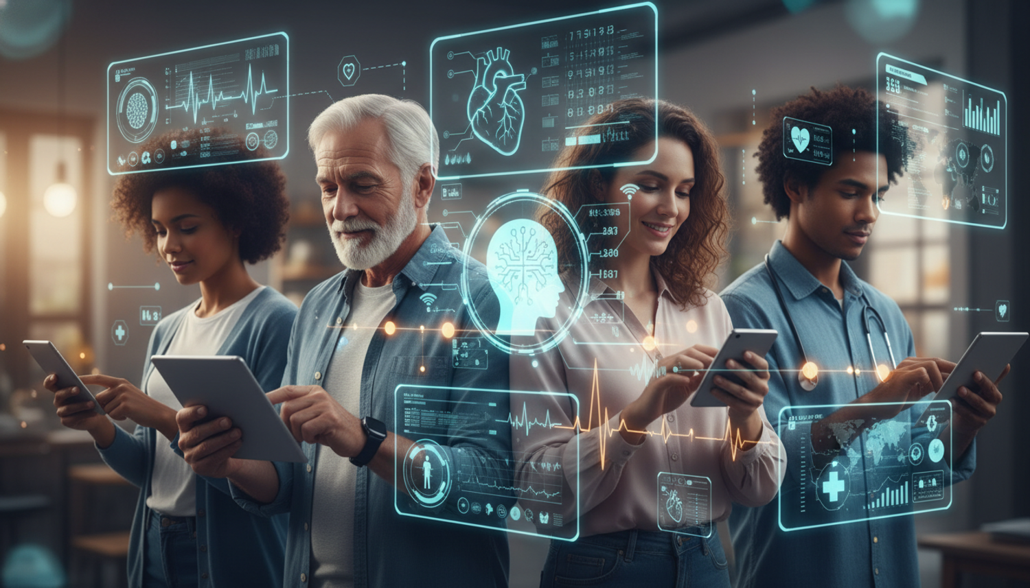Healthcare AI displays heart and brain data for seniors.