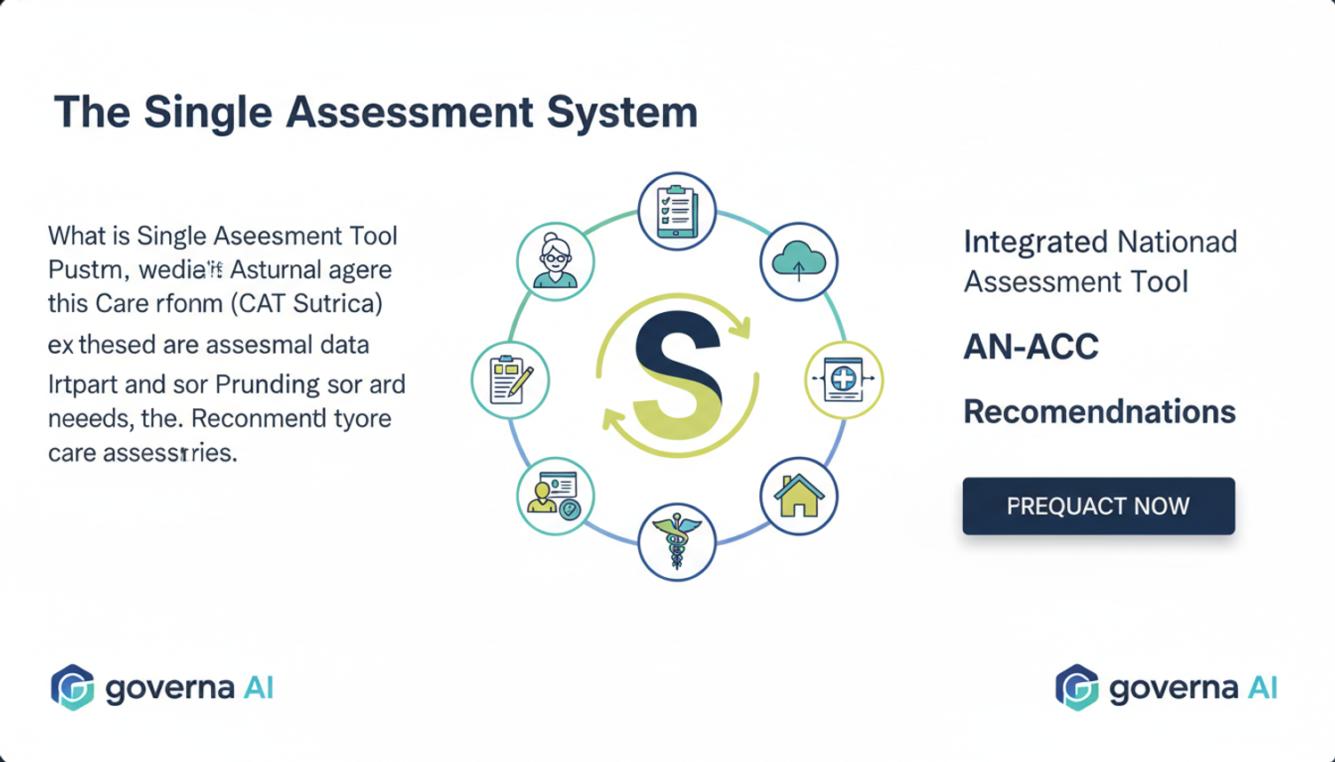  A circular infographic illustrating the components of a Single Assessment System, with icons representing different aspects of aged care and assessment, centered around a stylized 'S' for 'System'. The Governa AI logo is visible.